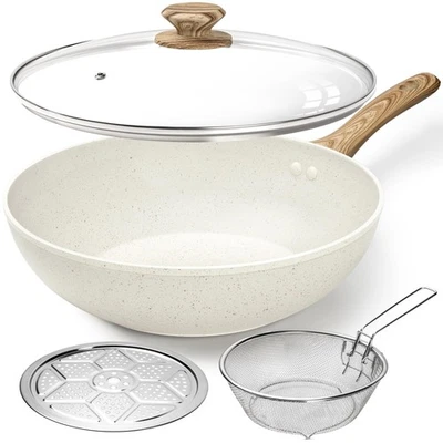 12 Inch Wok Pan with Lid - Woks & Stir-Fry Pans Nonstick Wok with Lid, Stir F...