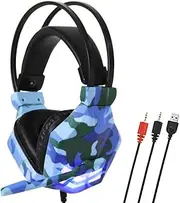 SY850MV Gaming Headset 3.5mm Wired Over Ear Headphones Noise C ing E-Sport Earphone with Mic Light Volume Control AUX+USB for Desktop PC Camouflage Blue One Size