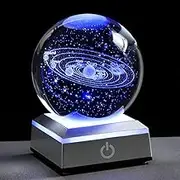Qianwei 3D Solar System Crystal Ball 80mm 3.15" Laser Engraved Hologram with Sliver Led Lamp Stand, Galaxy Glass Ball, 4 Colors Light, Planets Sphere,Home Office Decor…