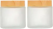 2 Packs 100ml /3.4 Oz Empty Frosted Glass Jars Cosmetic Jar with Wood Grain Lids and Inner Liner Refillable Sample Cosmetic Makeup Mask Facial Cream Lotion Container Storage