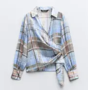 Zara Women's Metallic Thread Blue Brown Checkered Print Shirt Sz XL NWT