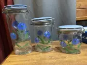 Vtg Cottagecore Set Of 3 blue green floral Thick glass canister set 12”, 8”, 6”