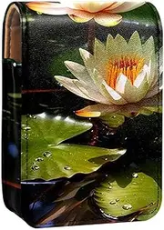 Lipstick Case,Leather Lip Gloss Lipstick Organizer with Mirror,Mini Lipstick Holder Bag,Art Flower Water Lily Pattern