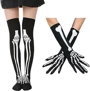 [LJJCSFF] 2 Pairs Halloween Skeleton Gloves Stockings Set Goth Knee High Socks Skeleton Full Finger Gloves Cosplay Costume Socks