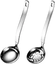 Soup Ladle Metal SUS304 Stainless Steel Ladles Spoon and Slotted Colander Spoon Set Small Soup Ladle with Holes Strainer Scoop Ladles for Serving Gravy Hot Pot Or Restaurant,2 Piece Set