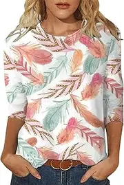 [Franterd] 3/4 Length Sleeve Womens Tops Dressy Casual Crew Neck Blouses 2024 Feather Printed Cute Workout T Shirts for Women