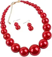 [TENDYCOCO] 1 Set Elegant Jewelry Accessories Pearl Necklace Earrings Red Pearl Necklace Pearl Clavicle Necklace