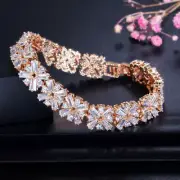 Yellow Gold Plated CZ Crystal Flower Wedding Bracelet Bangle Women Party Jewelry