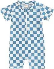 [KtwHarnu] Toddler Baby Boy Girl Swimsuit Checkered One Piece Swimwear Short Sleeve Zipper Rash Guard Beach Bathing Suit