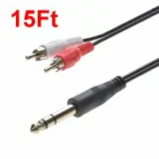 15FT 1/4" (6.35mm) Stereo Male to 2-RCA L+R Male Plug Dj Guitar Cable Audio Cord