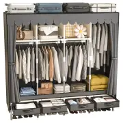 Large Portable Armoire Wardrobe Closet with 4 Hanging Rods and Drawers,Gray M...