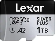 Lexar Silver Plus Micro SD Card 1TB, Up to 205 MB/s Read Speed, 150 MB/s Write Speed, Memory Card Micro SD with SD Adapter, UHS-I, A2, U3, V30, Class 10, 4K UHD microSDXC