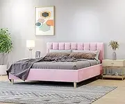Bed Frame Upholstered Velvet Cushioned Headboard Mattress (Pink, Queen)