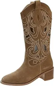 [Artykey] Cowboy Boots for Women Faux Suede Classic Embroidered Pointed Thick Heeled Western Wide Calf Cowgirl Ponited Toe Mid Calf Boots