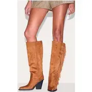 Tan Faux Suede Point Toe Fringed High Block Heel Knee Boots, Tan