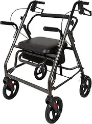 Orthonica Grey Foldable Rollator Steel Frame Outdoor Walker Mobility Aid for Elderly Disability with PVC Padded Seat Adjustable Handles Dual-Function Braking System