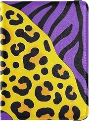 [Amooorous] Yellow-purple Leopard Print Leather decorative passport holder for travel women Vaccine Card Holder Cover Combo Passport Wallet Ultra Slim, Yellow-purple leopard print, 1 size