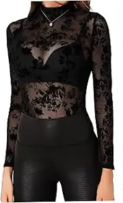 [Comebachome] Long Sleeve Mesh Tops for Women, Fitted See Through Sexy Black Tops, Floral Embroidery Mesh Top for Night Club, Party, Gathering