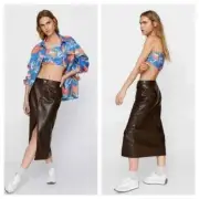 NEW Nasty Gal Faux Leather Split Front Midi Skirt in Chocolate Brown Women's 2