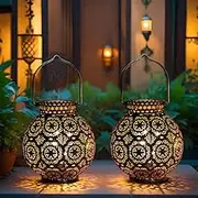 TRIROCKS Set of 2 Moroccan Decorative Lamps 7'' High Battery Powered Cordless Lamp Metal Table Lamps with Fairy Lights Bulb for Home Living Room Garden Yard Party Events Tabletop Indoor Outdoor(Brown)