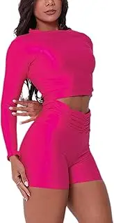 [RISCUYY] Athleisure Sets Women Workout Outfits Stretchy Long Sleeve Crop Top and Shorts Spring Outfits for Women 2025