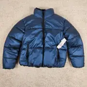 Nicole Miller Puffer Jacket Womens XL Blue Short Faux Fur Sherpa Lined Zip