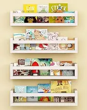 Onlysky Set of 4 Wall-Mounted Kid's Bookshelf - White Floating Nursery Book Shelves - Durable Wood Construction - Ideal for Nursery Decor, Kids Room, Toy Storage