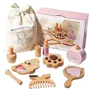 Wooden Makeup Toy Set - Travel Playset for Fine Motor Skills - Pretend Beauty Hair Salon Toys for Toddler Girls with Styling Tools for 4-6 Years Kids Christmas Birthday
