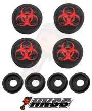4 Black Custom License Plate Frame Tag Screw Cap Covers - RED BIO HAZARD HL7