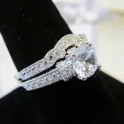 Victorian Skinny Micro Paved Cushion Cut 2 Ring Wedding Set Silver Sz 5,6,7,8,9