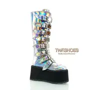 Damned 318 Multi Strap Goth Punk 3.5" Flat Platform Knee Boot Silver DEMONIA