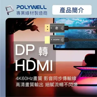 POLYWELL DP轉HDMI 2K60Hz DisplayPort轉HDMI 4K60Hz 編織線 影音轉接1.8M