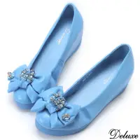 在飛比找momo購物網優惠-【Deluxe】真皮閃耀水晶鑽紐結楔型包鞋(藍)