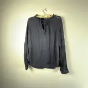 Maison Scotch Womens Viscose Tie-neck Ruffle Peasant Tunic Top Large Navy New