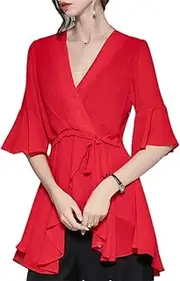 [Generic] Women Spring Summer Bandage Midi Chiffon Blouses Ruffles Trumpet Sleeve V Neck Solid Shirt