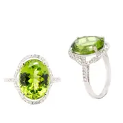 Peridot Oval 6.68 Carat Halo Ring In 14k White Gold With Diamond Accents (55006)