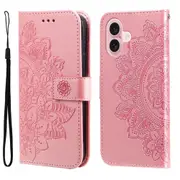 For iPhone 16 Case, PU Leather Mandala Cover, Rose Gold