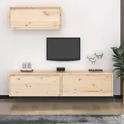 3 Piece Solid Pine Wood TV Cabinets, Wall Mounted Entertainment Storage Unit, Floating Media Console for Living Room