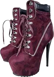 [Frankie Hsu] Sexy Stiletto Platform High Heeled Bootie, Classic Camouflage Red Burgundy Faux Suede Fashion Modern Chill Boot, Large Big Size Designer Short Shoes For Women Men