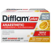 Difflam Plus Anaesthetic Sore Throat Lozenges Honey & Lemon 32 Pack
