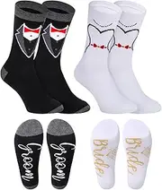 [SATINIOR] 2 Pairs wedding socks, Groom and Bride Crew Socks, Novelty Socks, Engaged Socks Couple, Matching Wedding Socks for Engagement Party Couples Newly Engaged, Black White, One Size