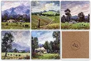 Country Coaster Ceramic Tile for Drinks, Set of 6, 4.25” x 4.25” Square Drink Coasters with Cork Backing - Stain-Resistant, Sweat-Proof, Decorative Coasters Featuring Original Australian Art