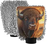 XYMZR Bison Sunset Absorbent Microfiber Car Wash Mitt, Funny Cute Anime Scratch Free for Cars Cleaning, Home Cleaning Mitts, 2 Pack, 10.24” L x 7.09” W