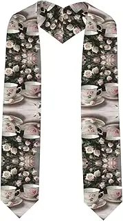 [SKKNT] Tea Cups With Roses Romantic Shabby Print Graduation Shawl Stole For Academic Commencements Honor Sash Congratulations Gift