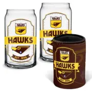 Hawthorn Hawks AFL Set of 2 Can Shaped Glasses and Can Cooler Gift Set