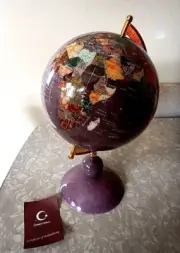 Amethyst Gemstone WORLD GLOBE 8" Across Globe 15" High NIB