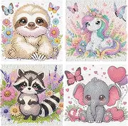 BXXRBX 4 Pack Animals Diamond Art Kits for Kids- Sloth, Anime, Raccoon, Elephant Diamond Painting Kit, Gem Painting Kit for Birthday Gift Home Wall Decoration (6x6inch)