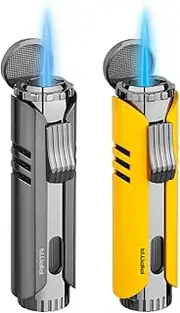 PIPITA 2 Pack Torch Lighter Windproof Butane Gas Lighter Jet Single Flame Metal Lighter, Adjustable Flame and Refillbale Fuel Metal Lighter (Butane Not Included) (Grey+Yellow)