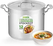 NutriChef 12-Quart Stainless Steel Stockpot - 18/8 Food Grade Heavy Duty Large Stock Pot for Stew, Simmering, Soup, Includes Lid, Dishwasher Safe, Works w/Induction, Ceramic & Halogen Cooktops