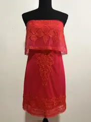 BCBGMaxazria 2 Mayela Red Strapless 100% Silk Embroidered Boho Fairy Mini Dress